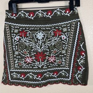 Mi Ami Olive Embroidered Floral Mini Skirt with Red & White Accents Festival